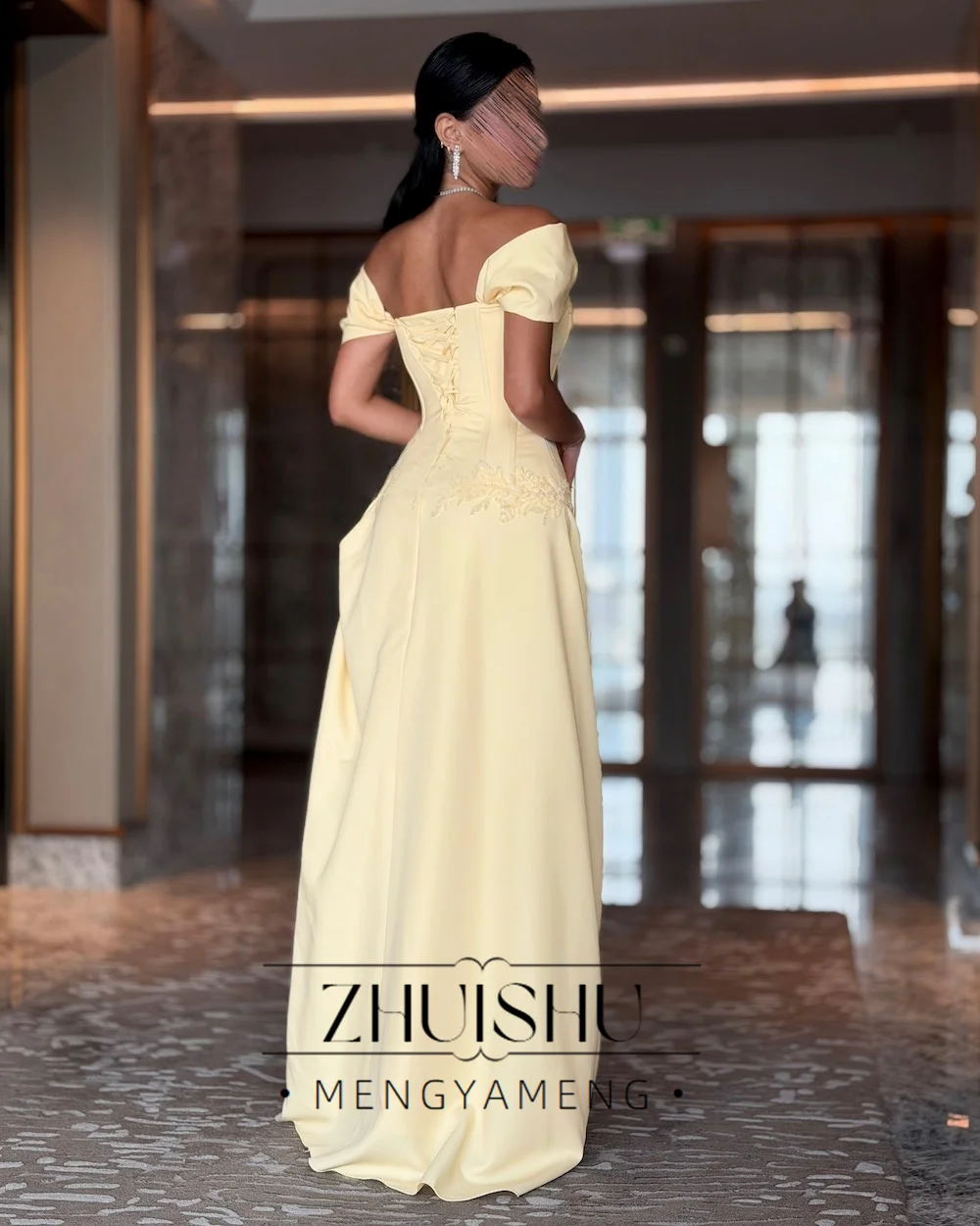 ZHUISHU Vintage Yellow Pleat Mermaid Evening Dress Off The Shoulder Lace Boat-Neck Party Gown Customized شارون سعيد فساتين سهره