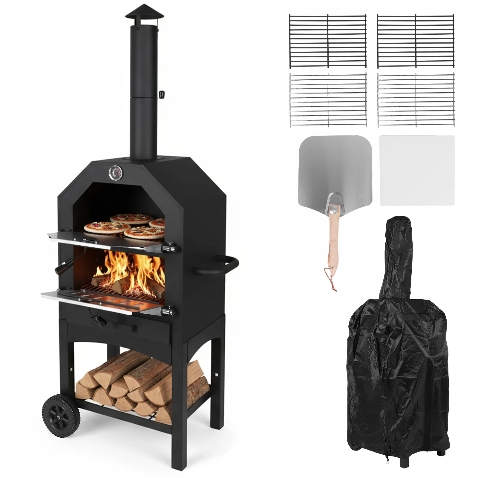 

2-Tier Freestanding Charcoal Pizza Oven with Firewood Storage Stainless Steel Pizza Stove Backyard Camping Wood Fired BBQ Grill