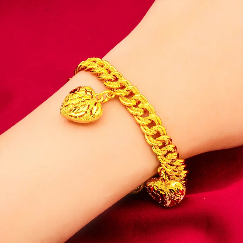

24K Gold AU999 Women's Heart Bead Bracelet - Heart Gold Beads + Polished Chain, Beads Flattering Chic, Luxury Sweet Style