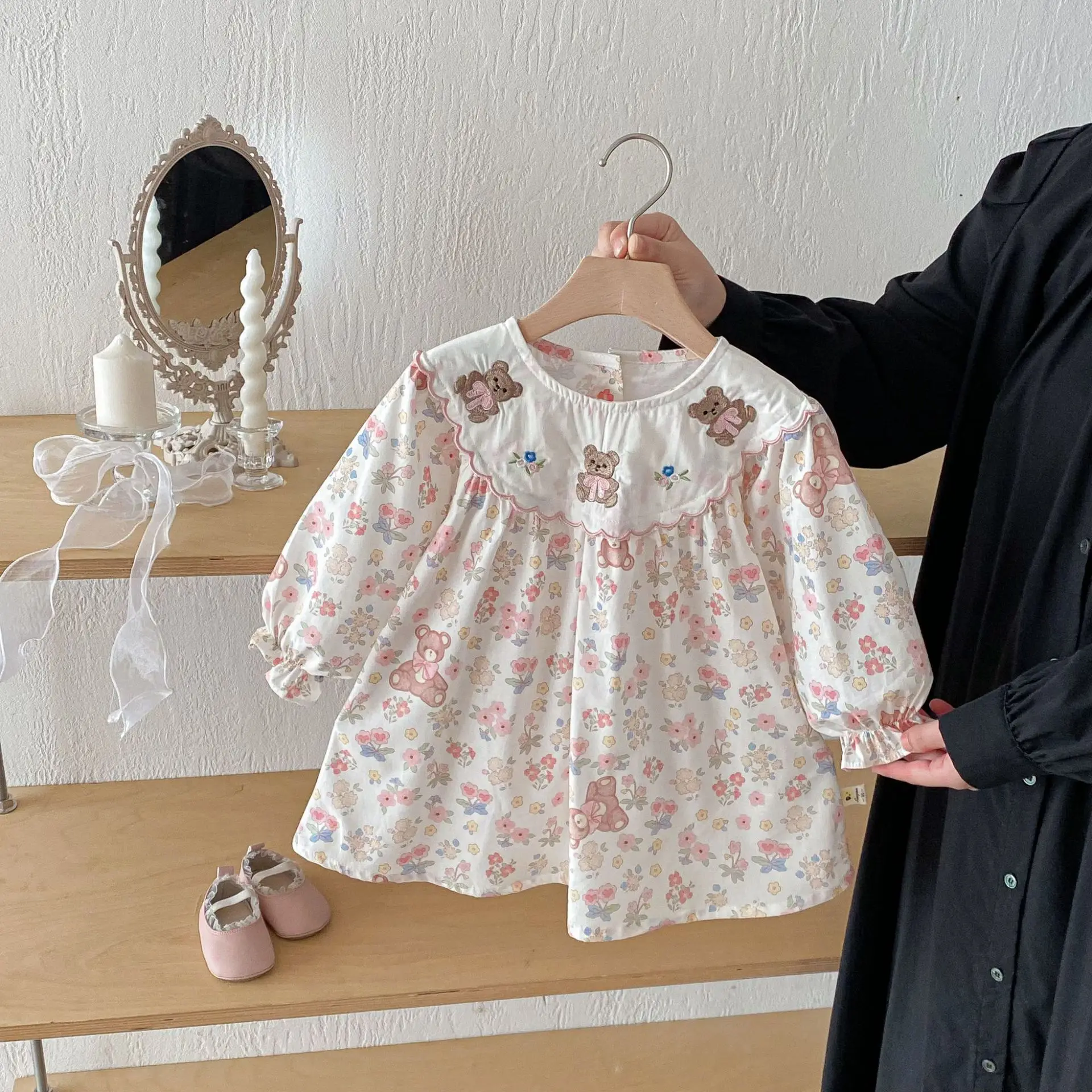 2026 Spring New Girls Long Sleeve Dress Cute Bear Embroidery Baby Girl Sweet Princess Dress Children Cotton Dress Kids Clothes