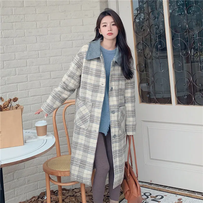 

2024 New Women Long Below The Knee Fashion Plaid Woolen Coat Winter Thicken Large Size Outwear Female Elegant Casual Outwear