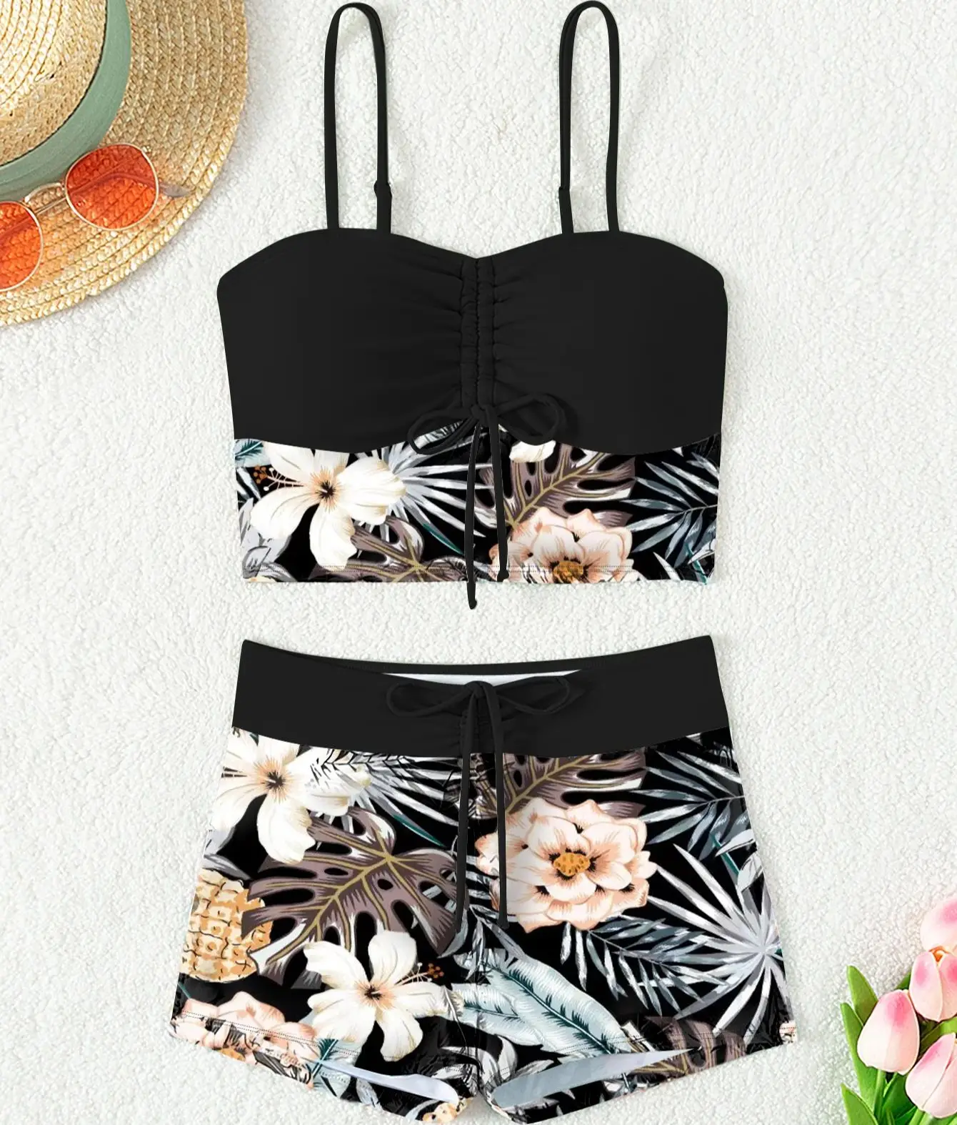 Printed Flower Tankini Set  Girl Swimwear Adjustable Strap Vest Bra Female Flower Shorts Bikini Drawstring Women Beach Set