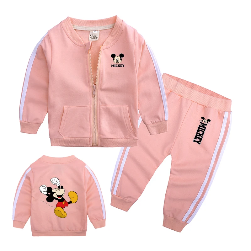 

Весенние спортивные костюмы Disney для малышей, комплект из 2 предметов, верхняя одежда на молнии и штаны для маленьких девочек и мальчиков, новорожденных, розовый, красный, желтый