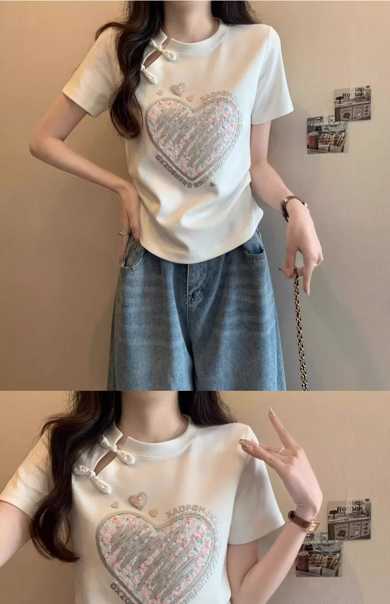 

New Chinese Style Button Up Short Sleeved T-shirt 2024 Women's Spring Slim White Round Neck Shoulder Top Female Clothing