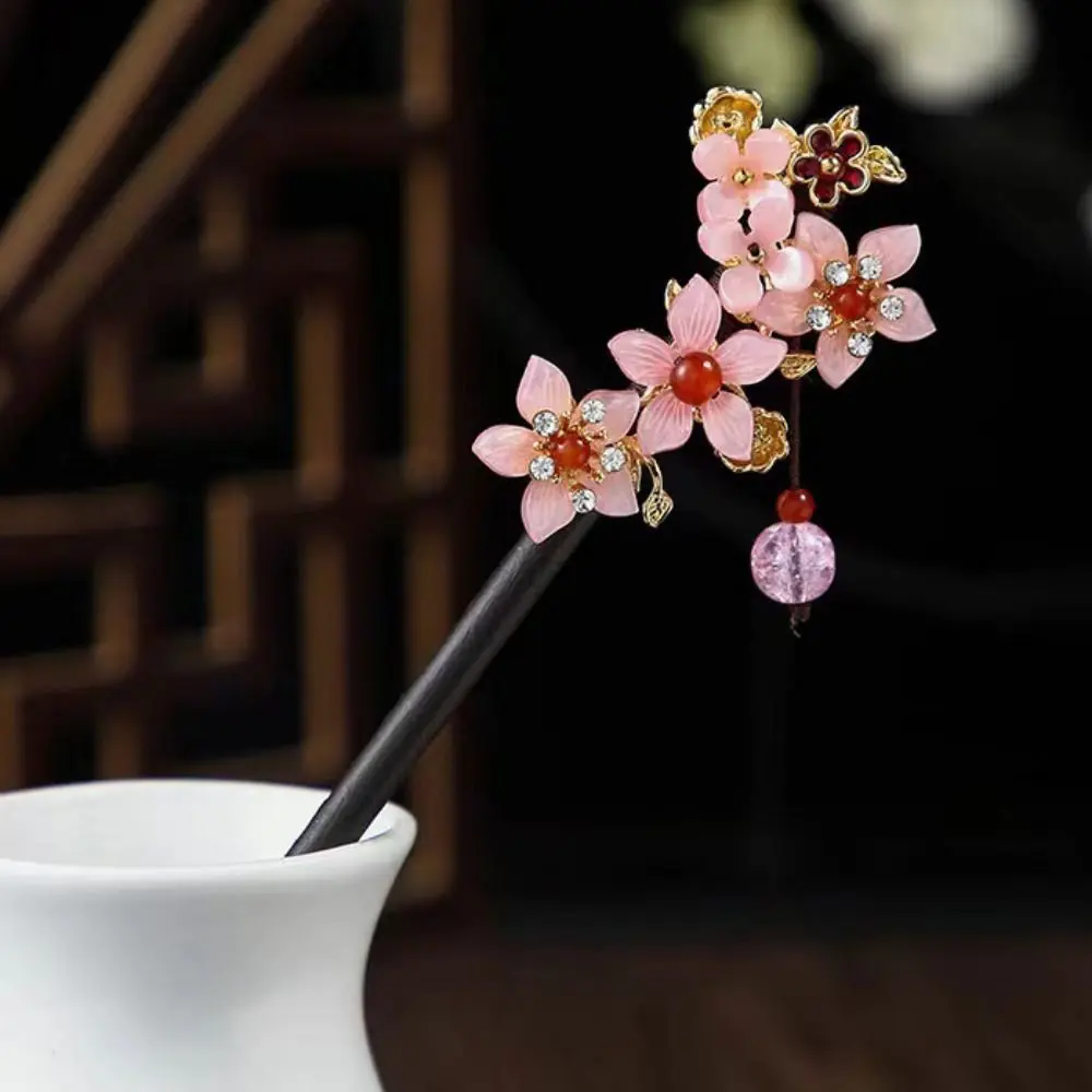 Decorative Wooden New Chinese Hair Stick Vintage Flower Hanfu Hair Bun Handmade with Tassel Flower Hairpin for Hanfu