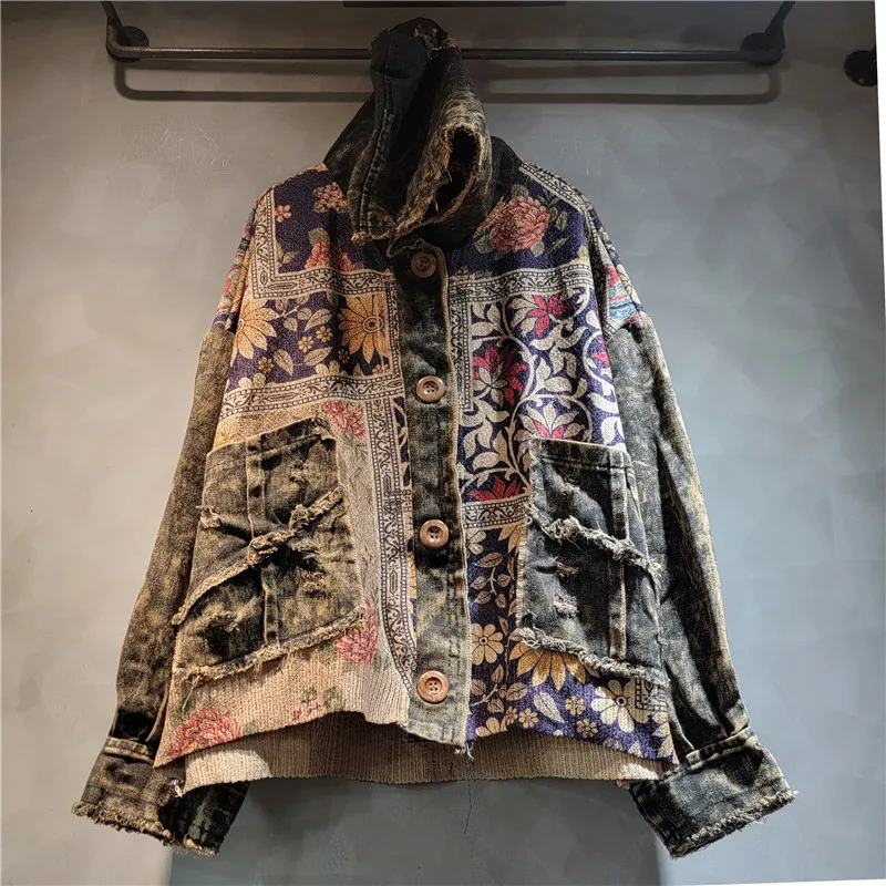 

Модный повседневный кардиган SuperAen с контрастным цветным принтом, вязаный, в стиле пэчворк, винтажный, с эффектом потертости, джинсовый, с капюшоном, на одной пуговице