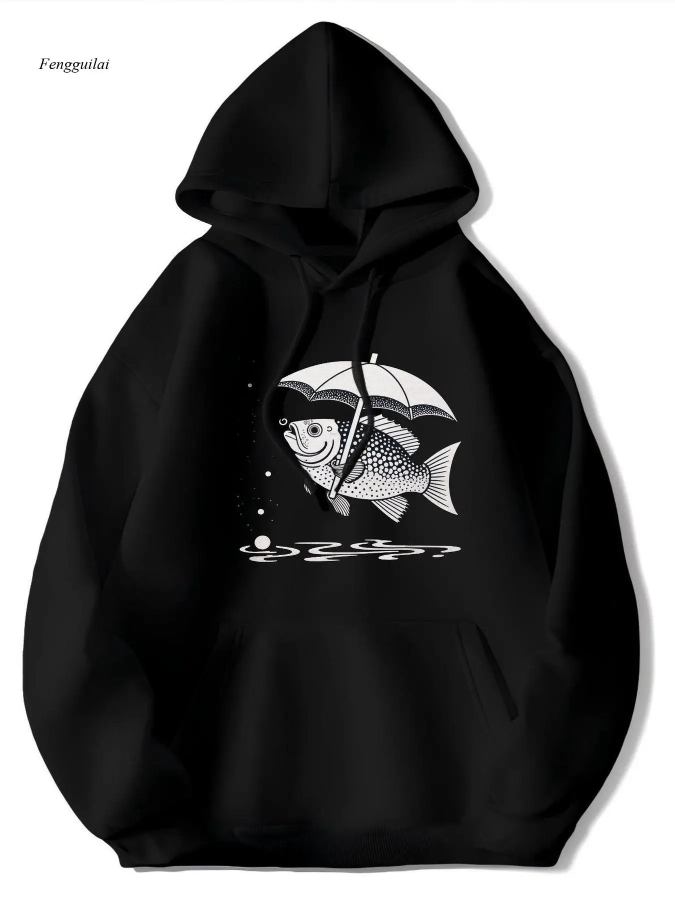Moletom com capuz Koi Fish preto com estampa Koi e guarda-chuva branco, -Design inspirado em água e gotas de chuva – Moletom pulôver macio e respirável
