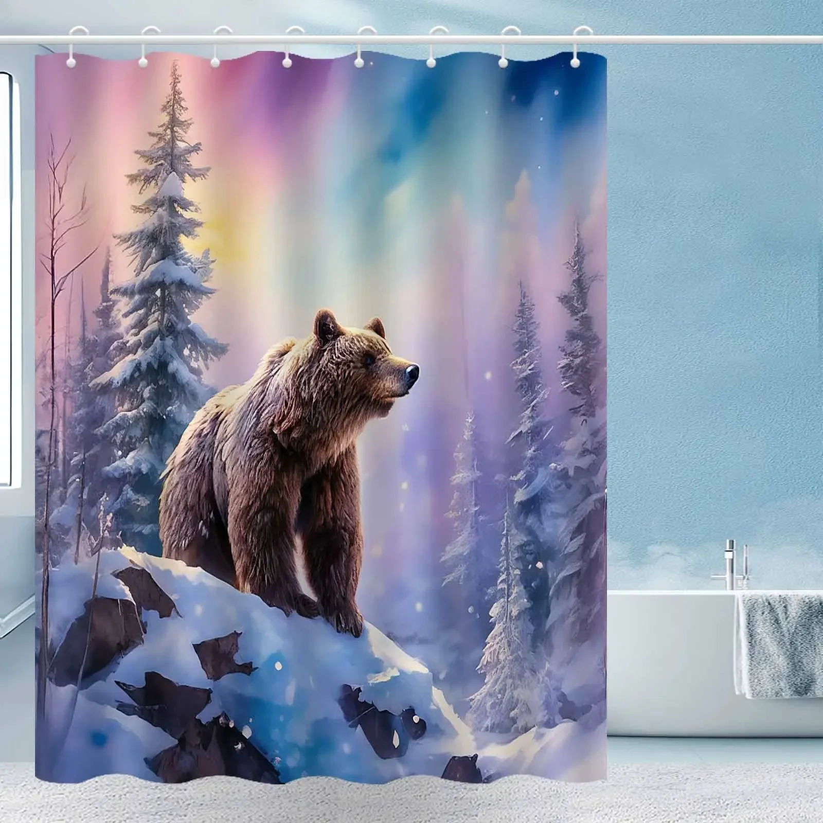 Realistic Brown Bear in Snowy Forest Landscape Shower Curtain Bathroom Decor Waterproof Curtain