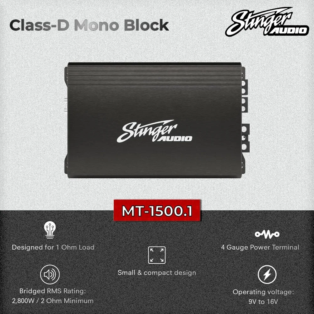 Audio MT15001 1-Channel Monoblock 1500 Watt RMS Car Audio Subwoofer Amplifier w/Remote Control Bass Knob, Class D, Hexfet Mosfe
