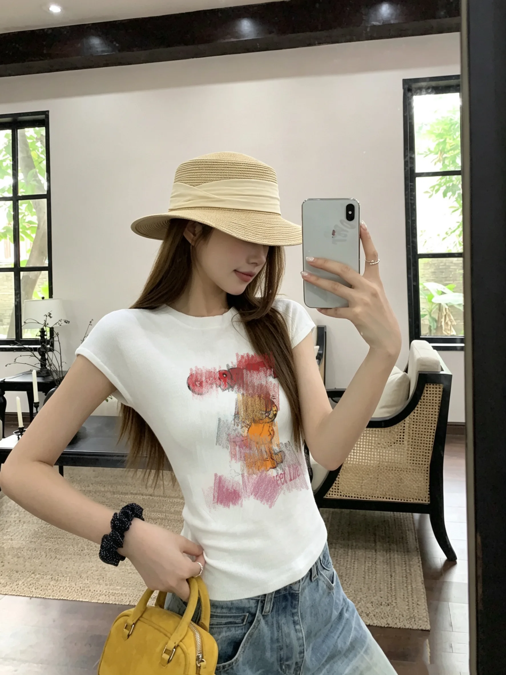 

Chic round Neck Short Sleeve T-Shirt Women's Summer New Style Slimming Personality Print Cotton Top Korean Street Style