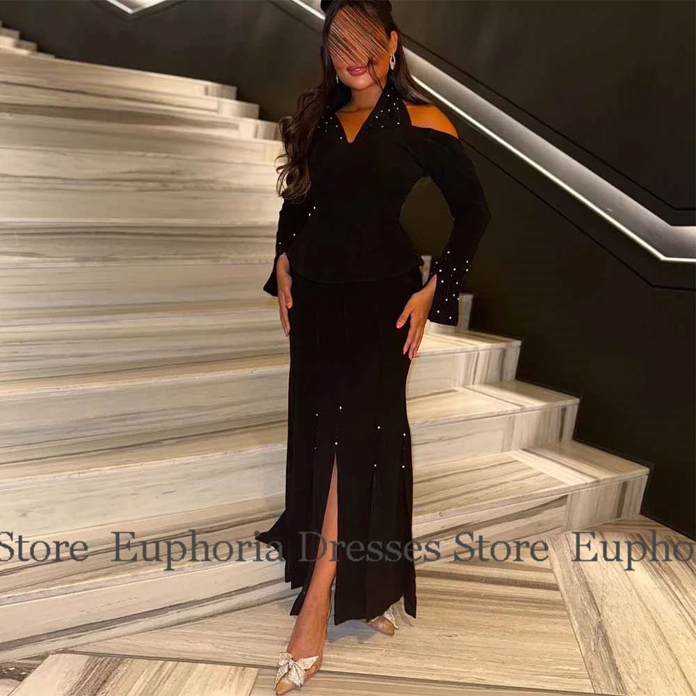 فساتين لحفلات الكوكتيل النسائية الرسمية 2025 جيرسي حورية البحر/البوق فستان عيد ميلاد أسود رسن لؤلؤ شرابة سبليت فستان حفلة موسيقية ميدي