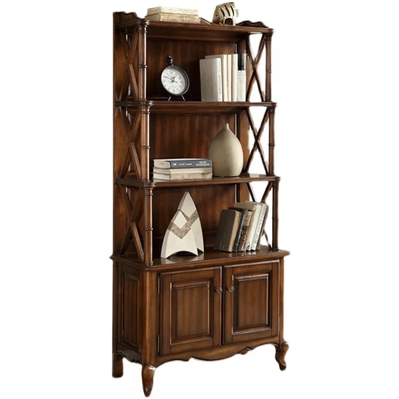 American Country Solid Wood Bookshelf European Simple Floor Multi-Layer Shelf Home Study Curio Cabinet