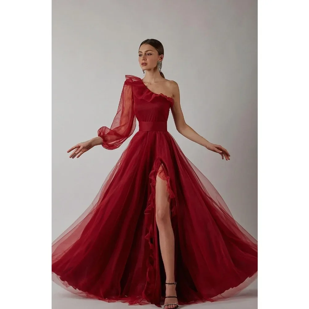 Wakuta-Um ombro mangas compridas Tulle Prom Dresses, elegante vestido de baile, princesa A Line Ruffle Hem, vestido de noiva