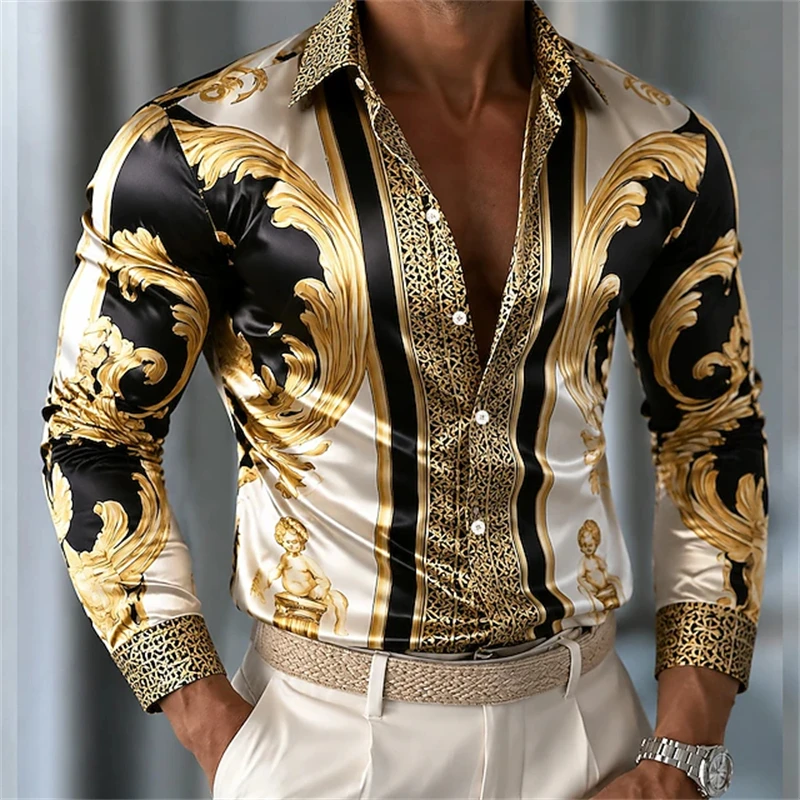 Men's Autumn Long-Sleeve Shirt Minimalist Retro Print Button-Down Collar Loose Plus-Size Luxury Top for Parties and Vacations