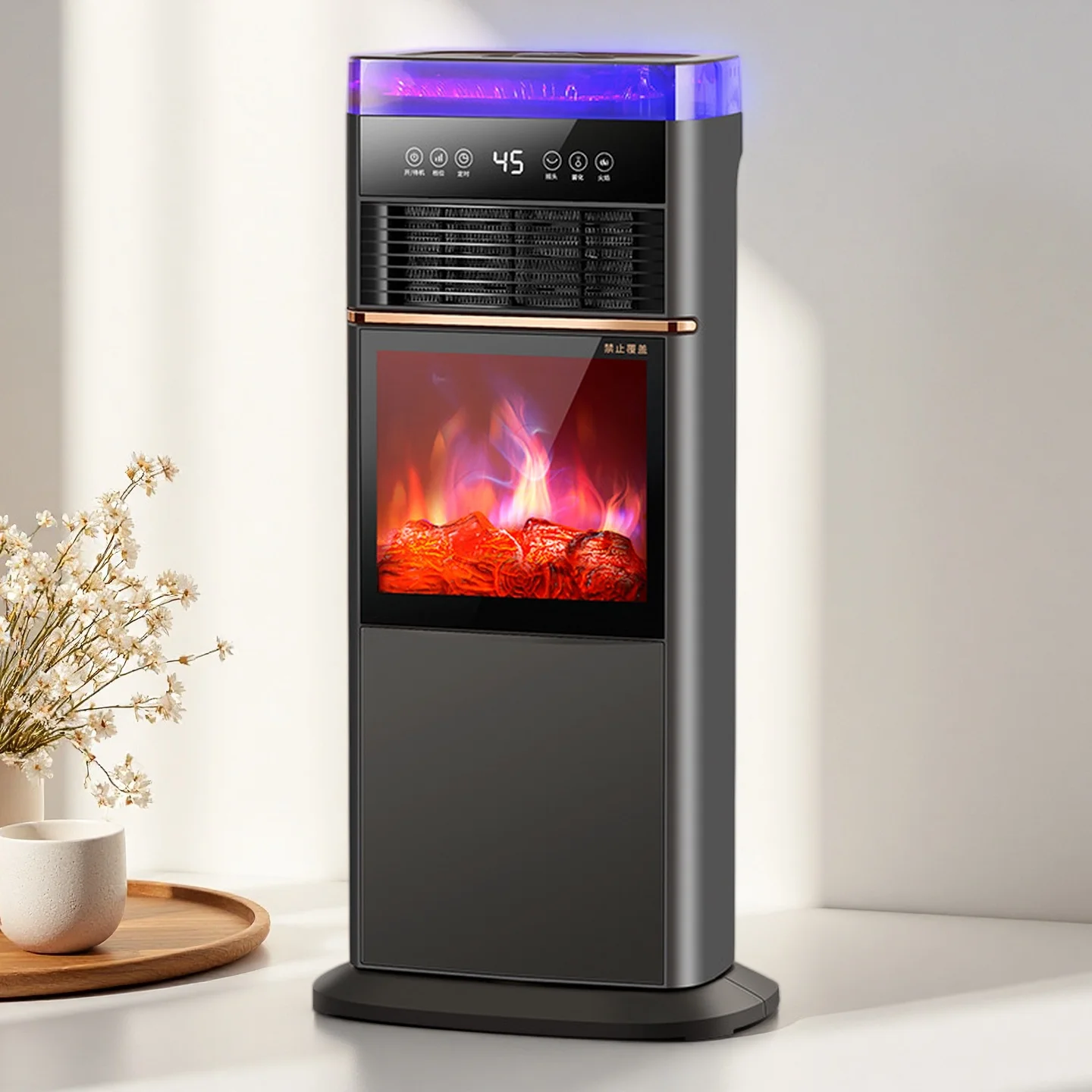 Home Indoor Decoration 3D Flame Fireplace Heater Atomization Humidifier Voice Remote Electric Heater for Winter Daily Heating