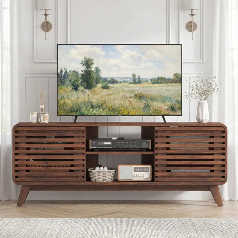 

Mid Century Modern Entertainment Center with Grille-style Sliding Doors for Living Room-Walnut