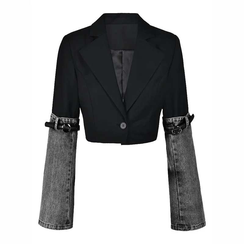ANJY Herfst Nieuwe Vrouwen Street Style Denim Patchwork Temperament Kleine Blazer Ins Trend Enkele Knop Slanke Veelzijdige Jas A14315
