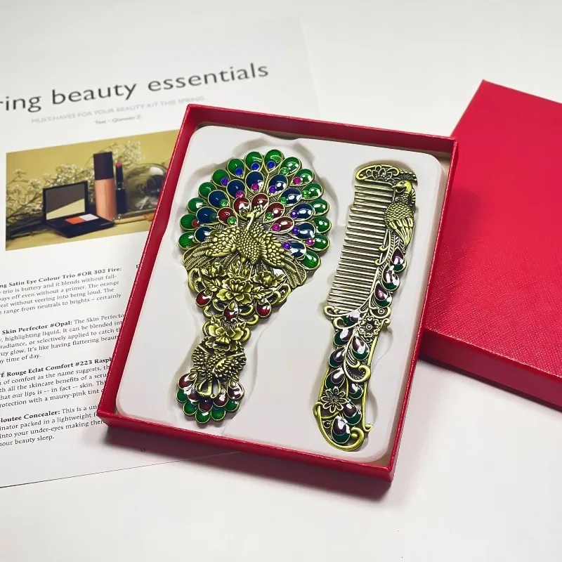 

Vintage Peacock Shaped Metal Handle Compact Mirror, Portable Mirror Comb Set with Gift Box, Travel Hand Mirror Gift for Her