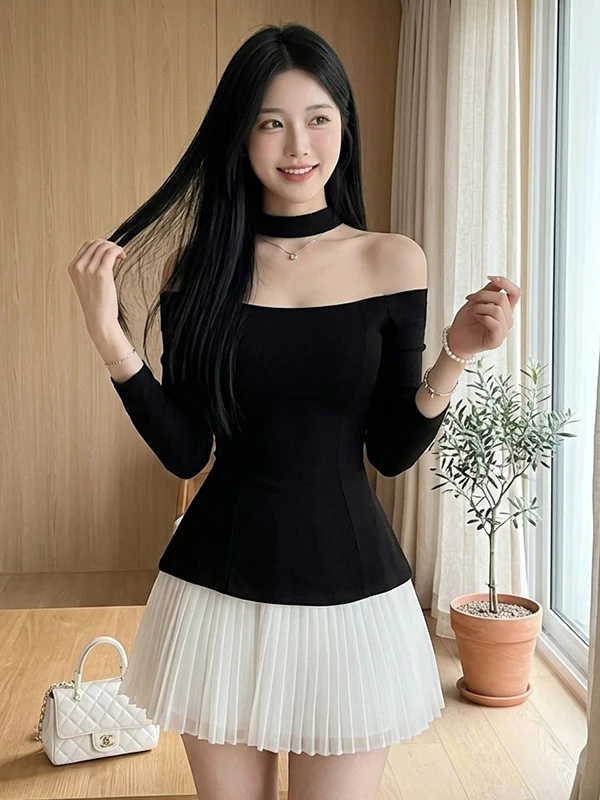 

Color Block Long Sleeve One Shoulder Dress Women's Spring New Style Elegant Waist Cinched Pleated Short Skirt Casual Wear