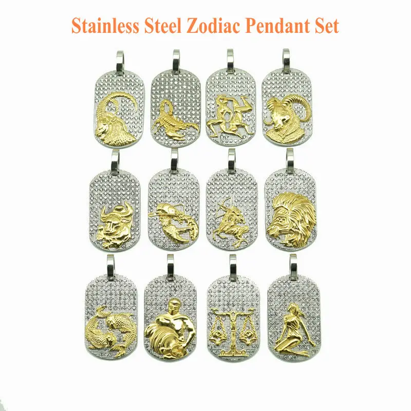 Stainless steel 18K gold electroplating twelve constellations three-dimensional relief full diamond tag pendant