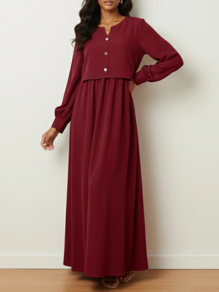 

ZANZEA Women Fake Two-Pieces Long Dresses Casual Chic V-Neck Long Sleeve A-Line Maxi Dress Autumn 2025 Solid Color Loose Robes