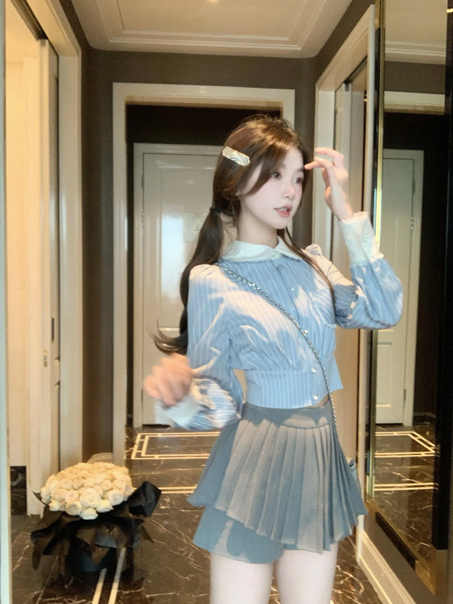 

Miss Wei Nautical Diary Утягивающий синий полосатый длинный жилет из шифона с воротником irt Sweet Sle Regular Sve Длина Fit