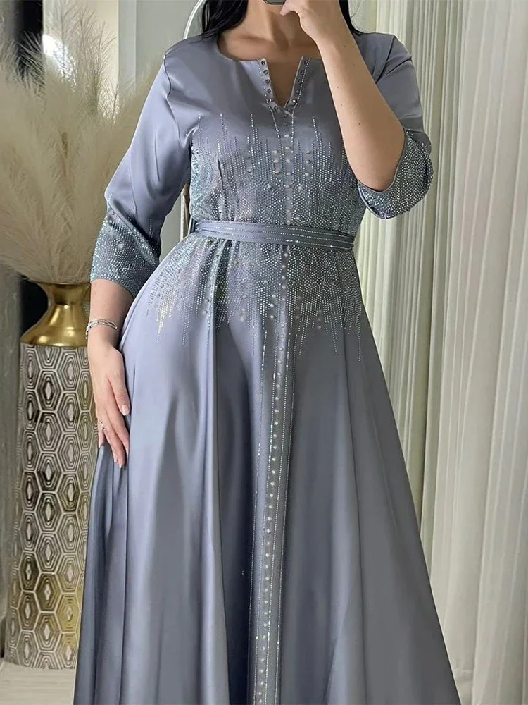 Eid Satin Dress for Women Diamond Muslim Ramadan Party Abaya Long Dress Belt Kaftan Vestidos Largos Dubai Robe Jalabiya 2024