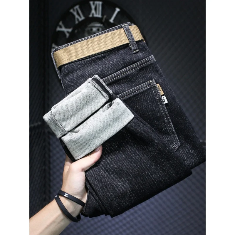 Winter Fleece-Lined Black Jeans Men's Slim Fit Skinny Casual Embroidered High-End Thick Soft Cold-Proof Warm Pants