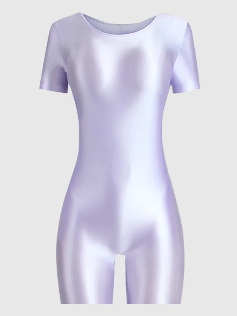 Celana Pendek Leotard Senam Wanita untuk Menari Balet Lengan Pendek Acrobatics Mengkilap Leotard Senam Elastis Jumpsuit Pakaian Tari