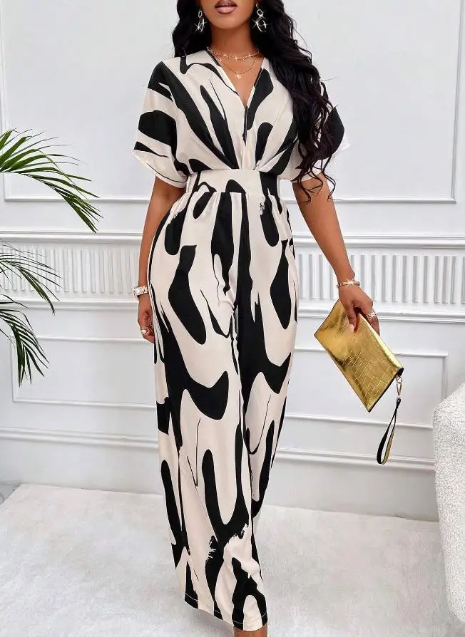 Fashion Women Jumpsuit Loose Wide-leg Pants Casual Romper Streetwear Women Jumpsuit Summer Sexy V-neck Print Casual Jumpsuit