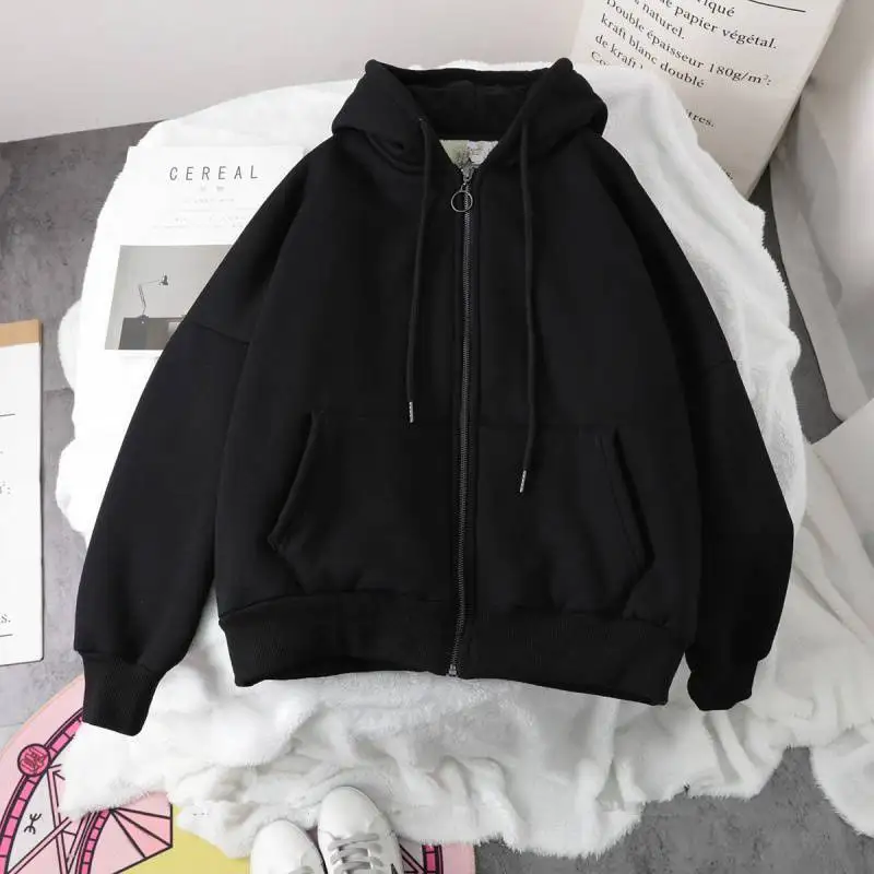 Solid Oversized Hoodie Zipper Woman Clothes Winter Plus Velvet Loose All-match Coat Casual Women\'s Sweatshirt Couple Clothes