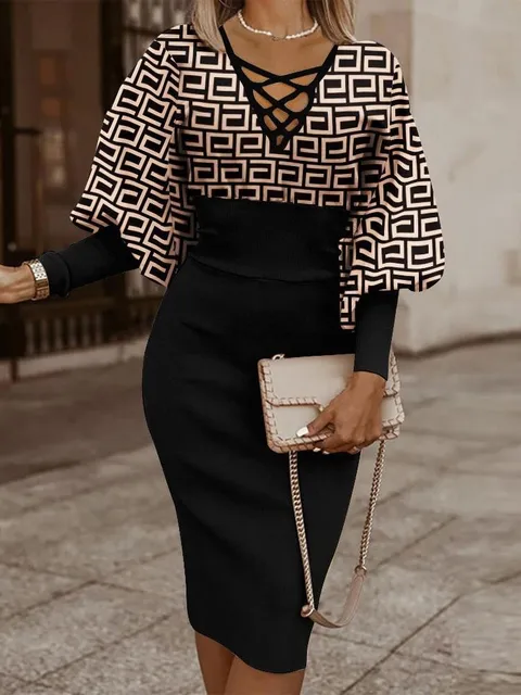 Elegancka sukienka z długim rękawem i dekoltem w szpic dla kobiet Modne jesienno-zimowe sukienki z nadrukiem w stylu vintage Kobiece sukienki zakrywające biodra