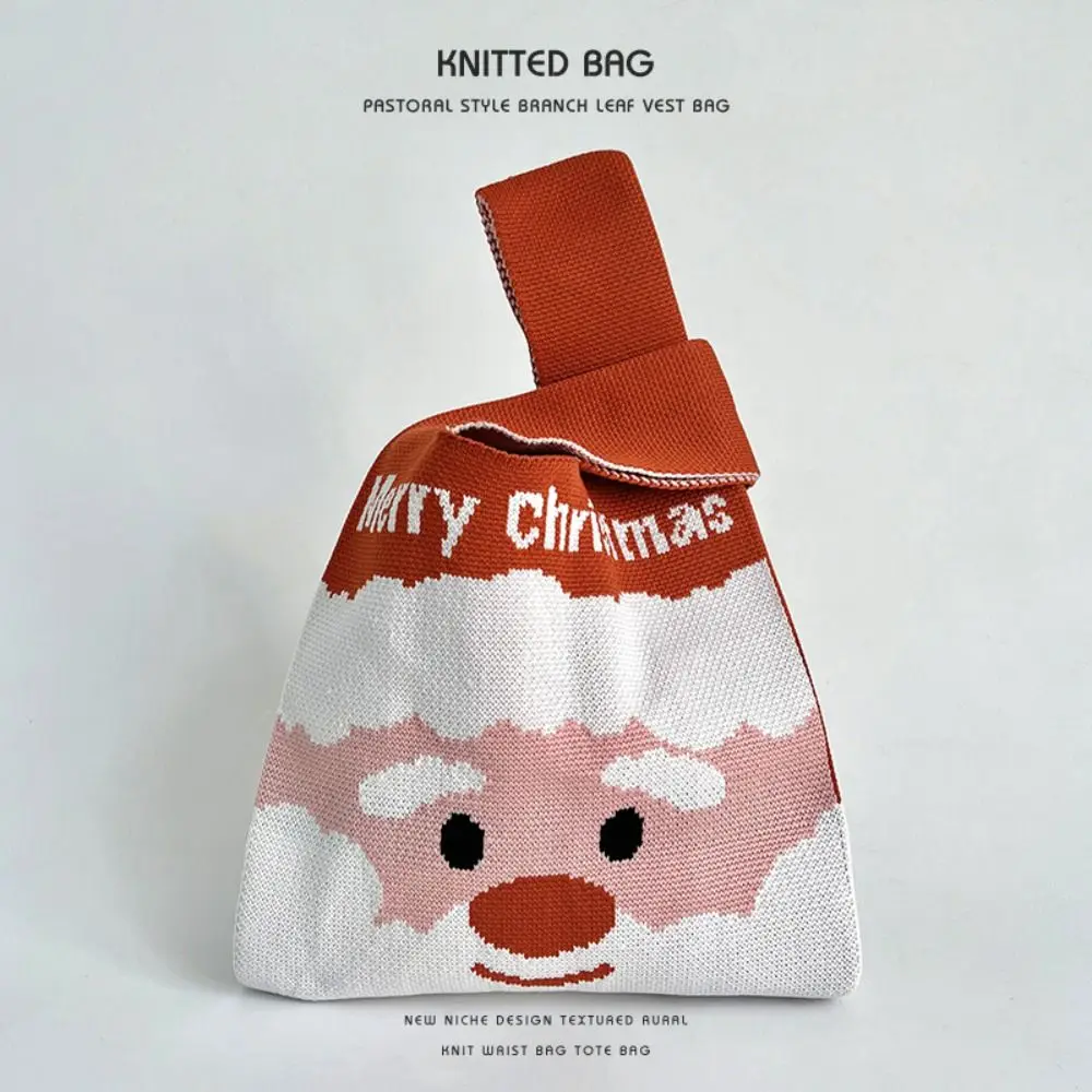 Simple Christmas Gift Knot Wrist Bag Candy Pouch Wool Bucket Bag Christmas Knitted Bag Weave Santa Claus Tote Bag Girl