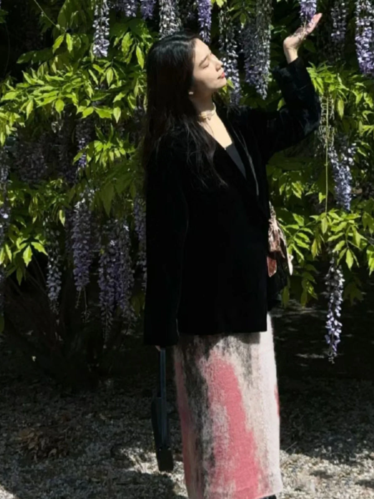 

Elegant Velvet Suit Jacket with Belt And Print Half Skirt Women's Fashion Workwear Sweet Style Loose Fit Long Sleeve Coat