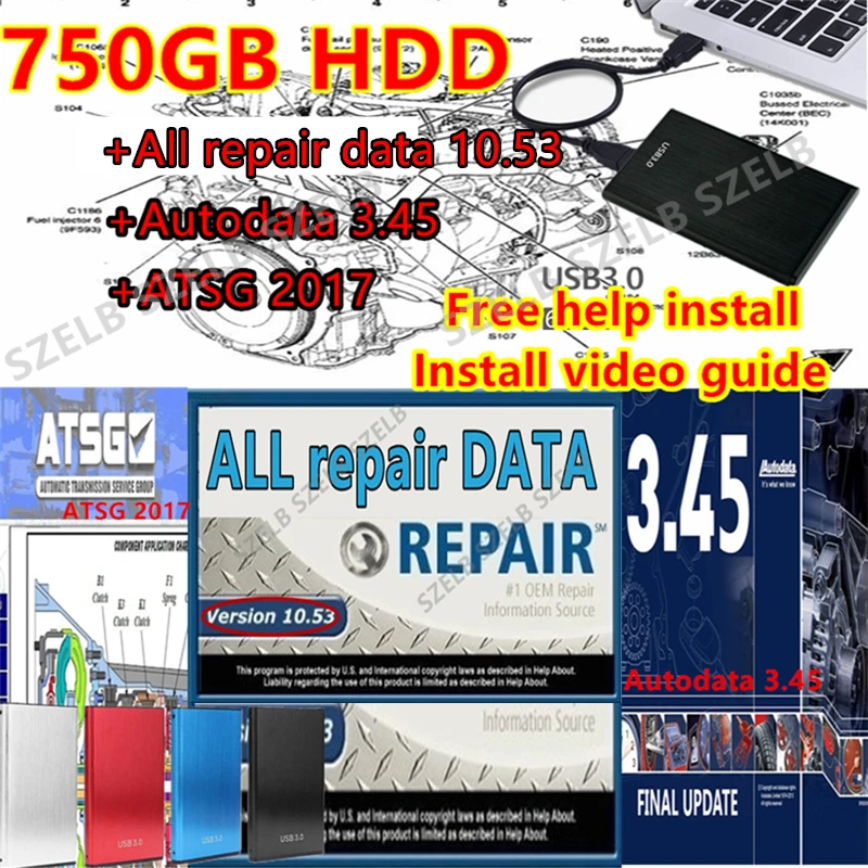 

750GB HDD with All repair data 10.53 + autodata 3.45+ Atsg 2017 3 in 1 Auto Repair Software aldata software with Wiring diagram