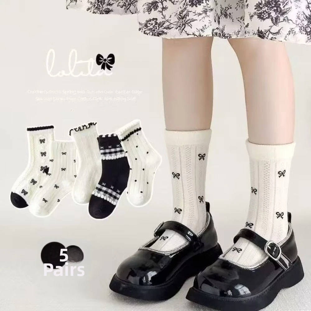5Pairs 5 Pairs Set Cotton Crew Socks Polka Dot Print Cotton Material Girls Calf Socks Plaid Pattern Ruffle Trim Frilly Bow Socks