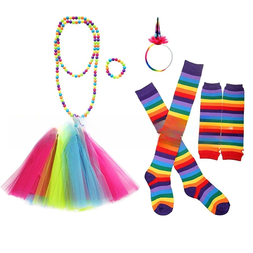 إكسسوارات الثمانينيات تنورة توتو ملونة وعصابة رأس وقلادة وسوار بدلة ألوان للحفلات النيون