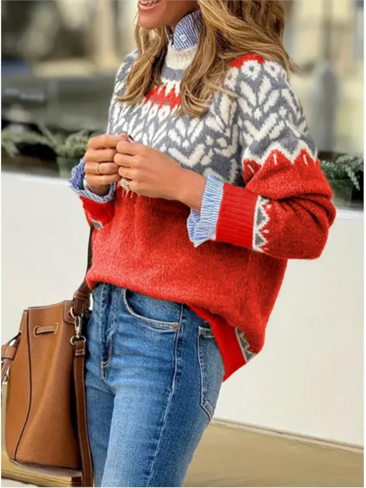 Maglione natalizio allentato da donna nuovo autunno inverno girocollo maglione pullover casual elegante di alta moda da donna in stile etnico