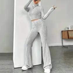 2 Pcs/Set Fall Winter Women Top Pants Set Half-high Collar Long Sleeves Slim Fit Sweatshirt Striped Trousers Set Sport Outfit