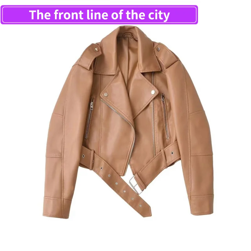 Jaqueta de Couro Solta e Elegante para Mulheres, com Cinto e Gola de Pelo, Fechamento com Zíper, Manga Longa, Ajuste Regular