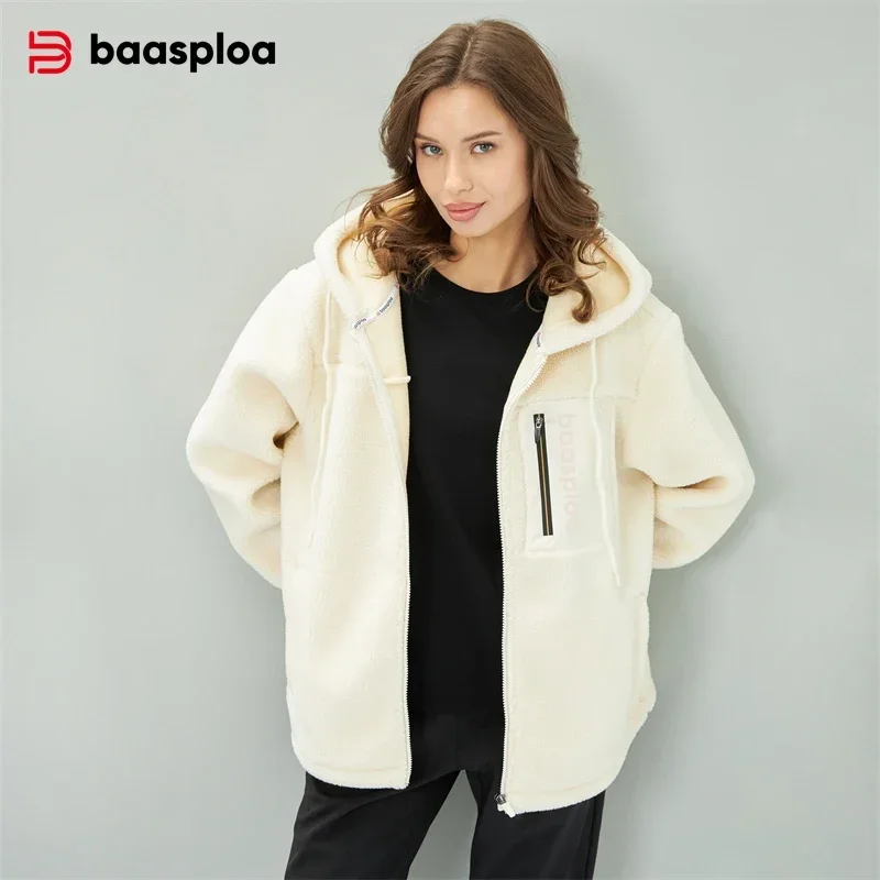 Baasploa New Women Lamb Wool Hoodies Autumn Fashion Solid Color Long Sleeve Jacket Female Casual Zipper Loose Hooded Sweatshirts