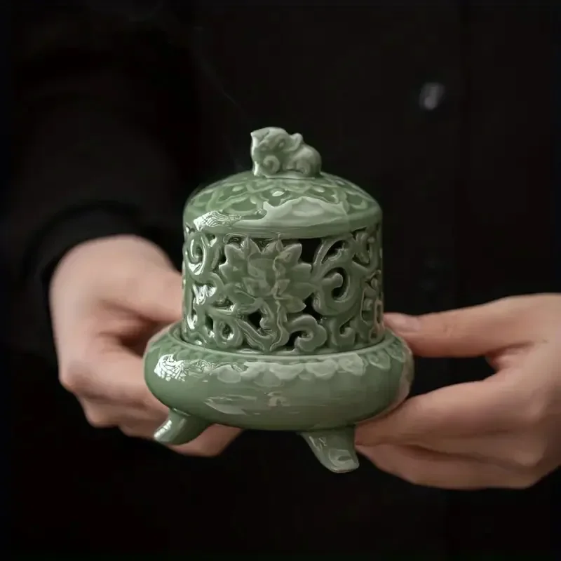 Elegant Green Porcelain Incense Burner w/ Floral Design - Antique Aromatherapy Holder for Home Zen/Festive Decor