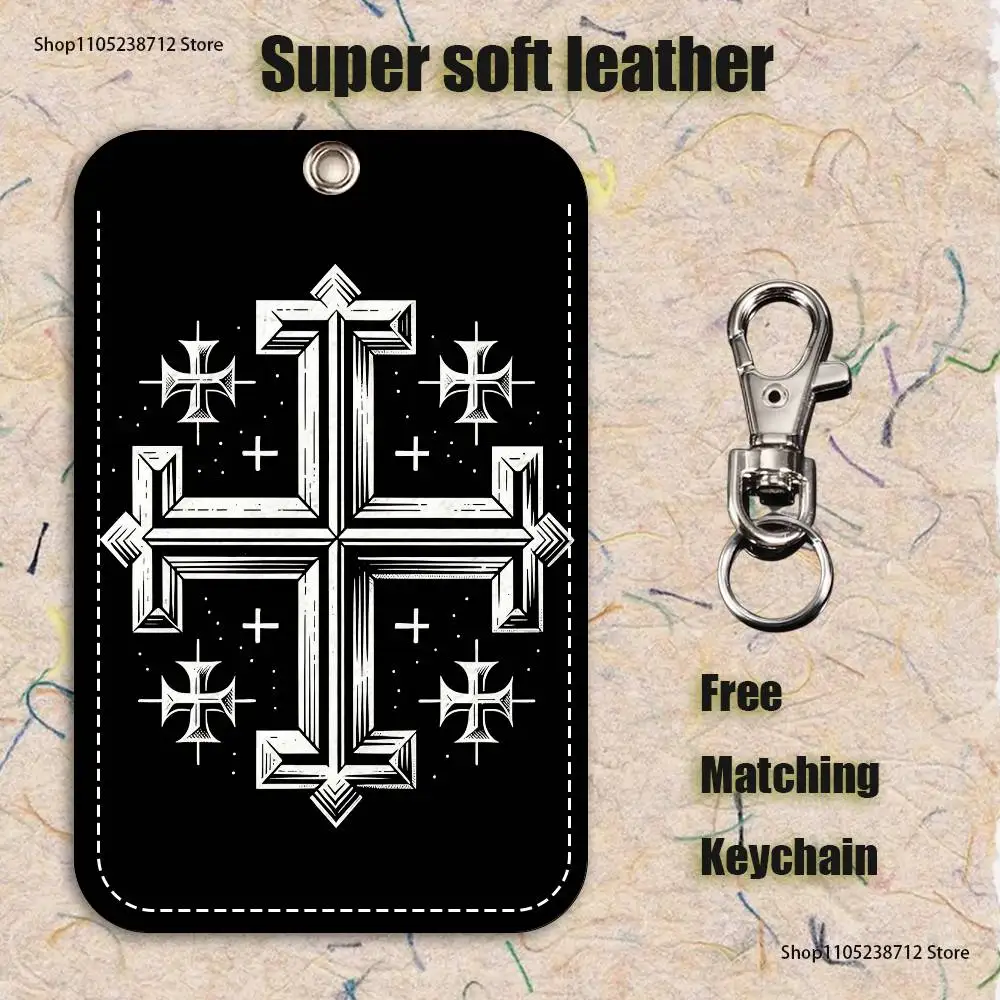 エルサレムクロス柄 1個入り PUレザー カードホルダー キーホルダー キーリング ドアロック アクセスタグ IDカードケース キーホルダー カード