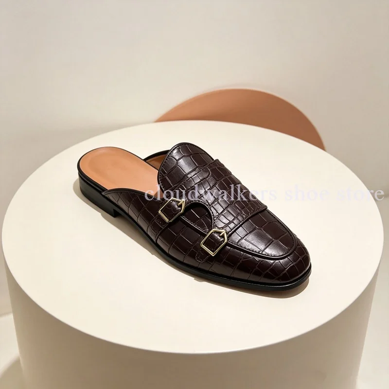 Men Patent Croc Embossed Leather Backless Mule Loafers Round Toe Double Metal Buckle Slip On Flat Mules Casual Daily Footwear