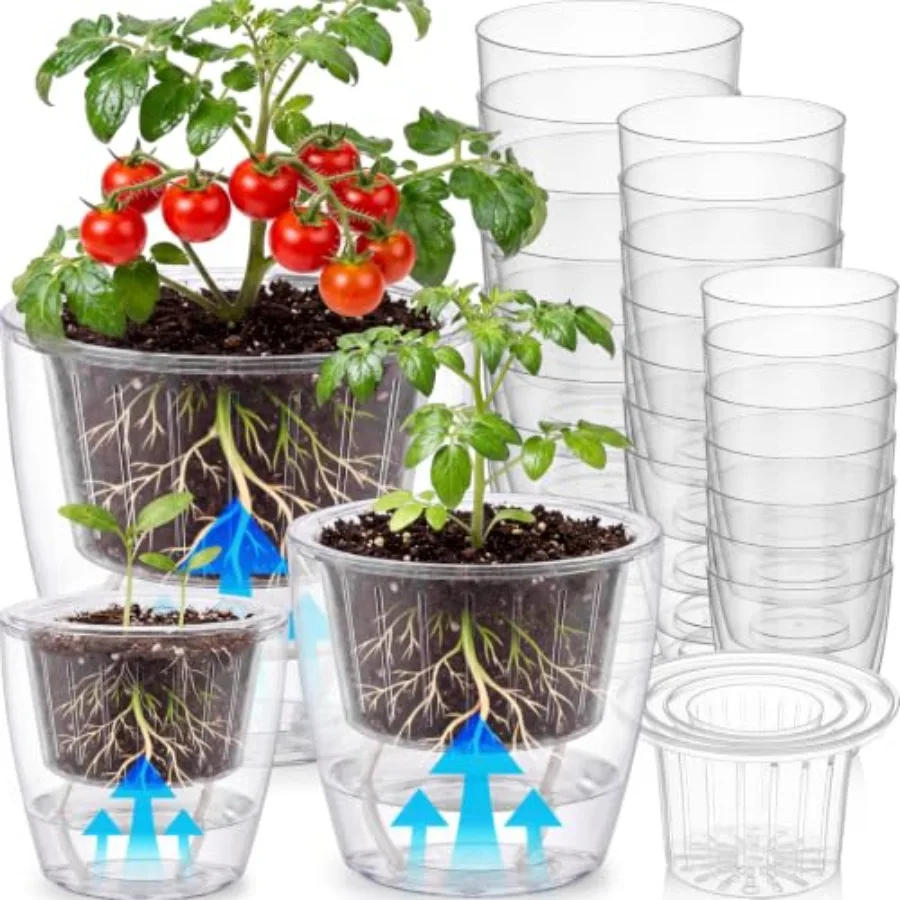 Indoor self-watering plant pots for flowers and succulents, plastic material, transparent color, 18 pcs set with inner pot and