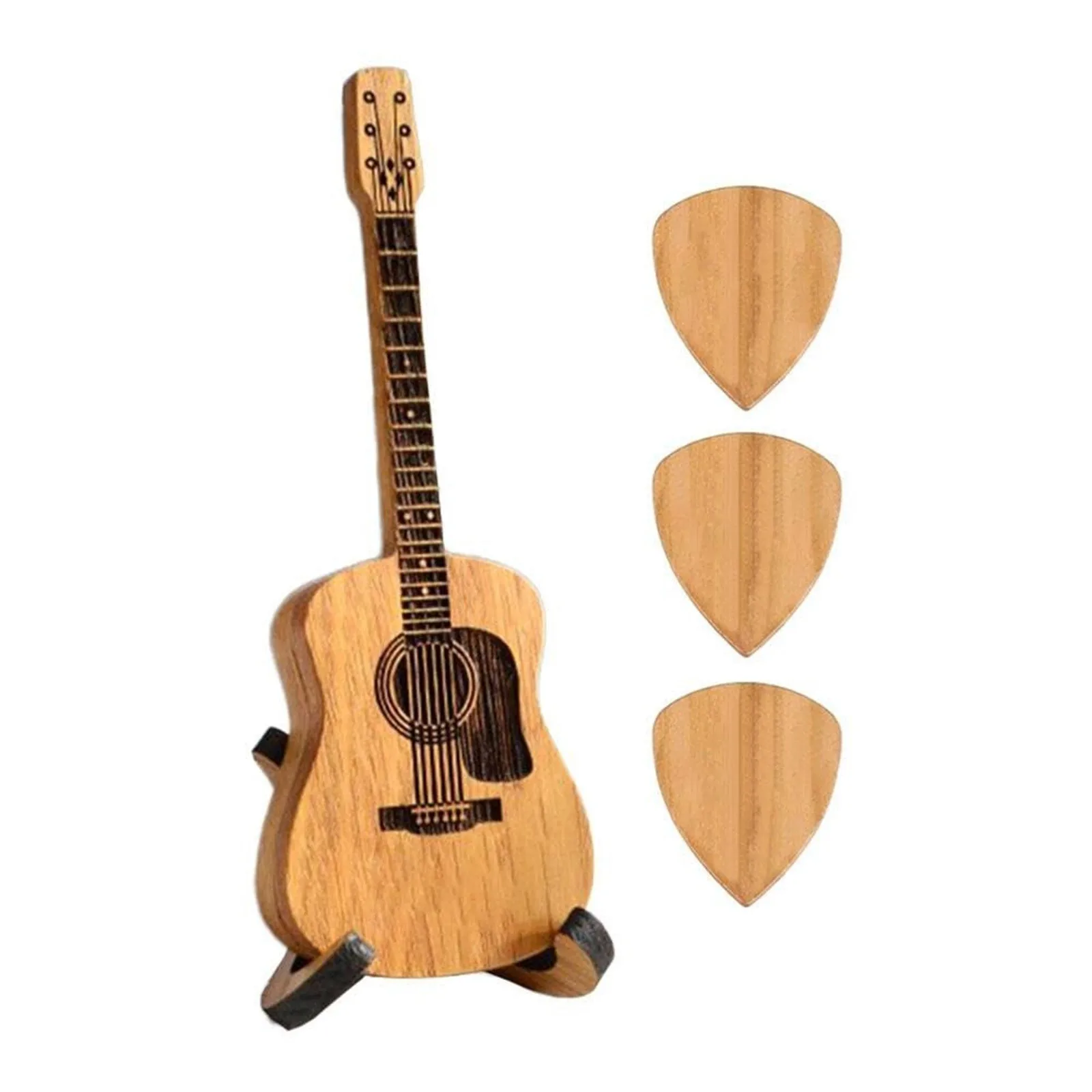 Holz-Pickbox für Akustikgitarre mit Ständer und 3-teiligen Plektren, gravierter Gitarren-Picks-Halter, Retro-Koffer, Musik-Geschenk-Plektrum-Koffer