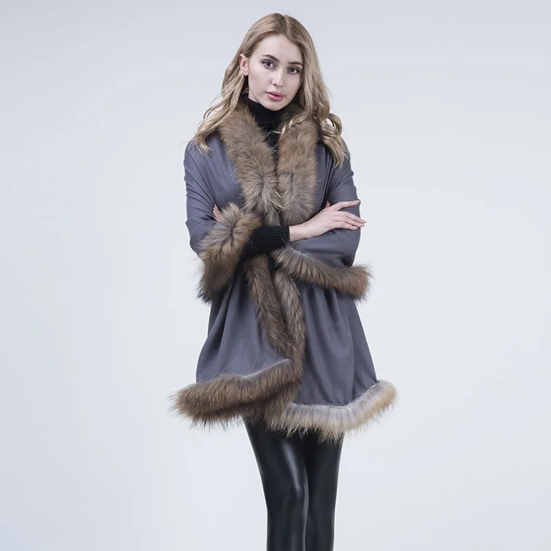 JANEFUR Women\'s Luxury Real Raccoon Fur Shawl Wrap Cloak Coat Sweater Poncho