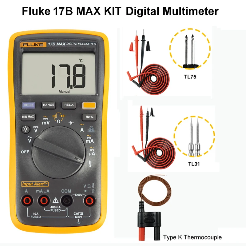 فلوك 17B MAX-01/02/ عدة تحل محل F17B + المدى الرقمي التلقائي المتعدد التيار المتناوب/تيار مستمر اختبار الجهد الحالي