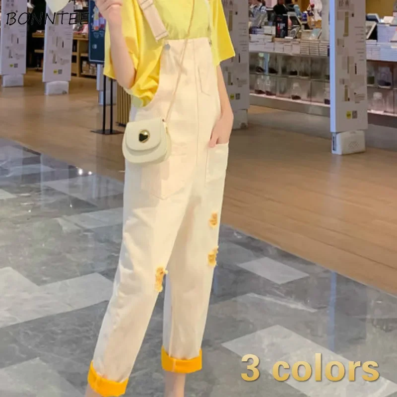 Jumpsuits Women Loose Solid Pockets Hole Ankle-length Denim Korean Style Casual All-match Trendy Kawaii Lovely Womens Daily Soft