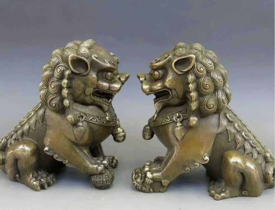 Chinese Antique bronze Feng shui Fu Foo Dog Lion Statue Door god pair lions